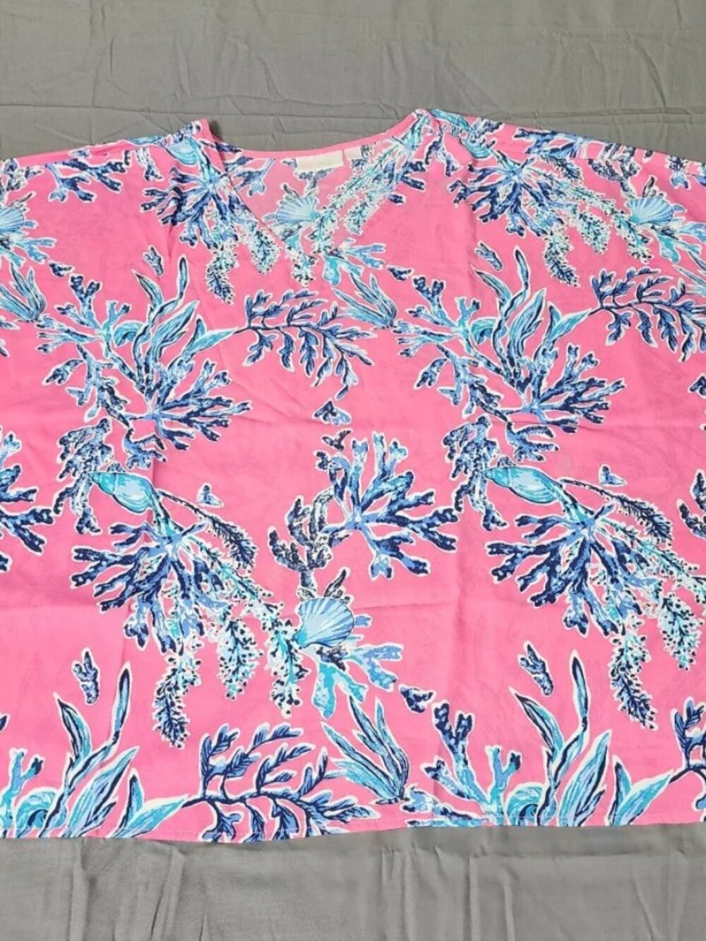 Belle by Kim Gravel Womens 5X Pink Tropical Print V-Neck Poncho Tunic Blouse